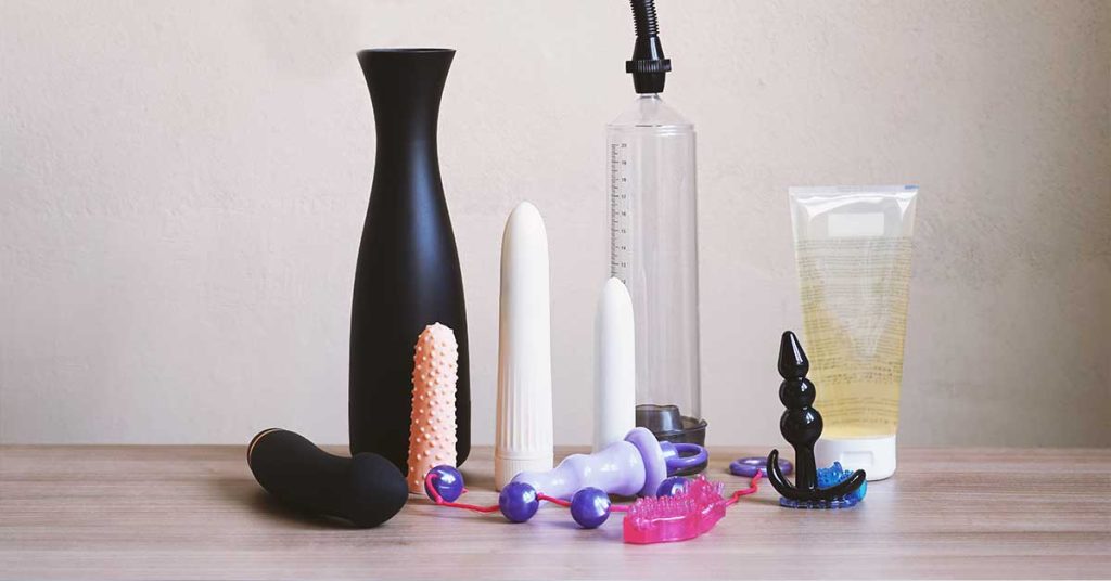 A collection of male and female sex toys.